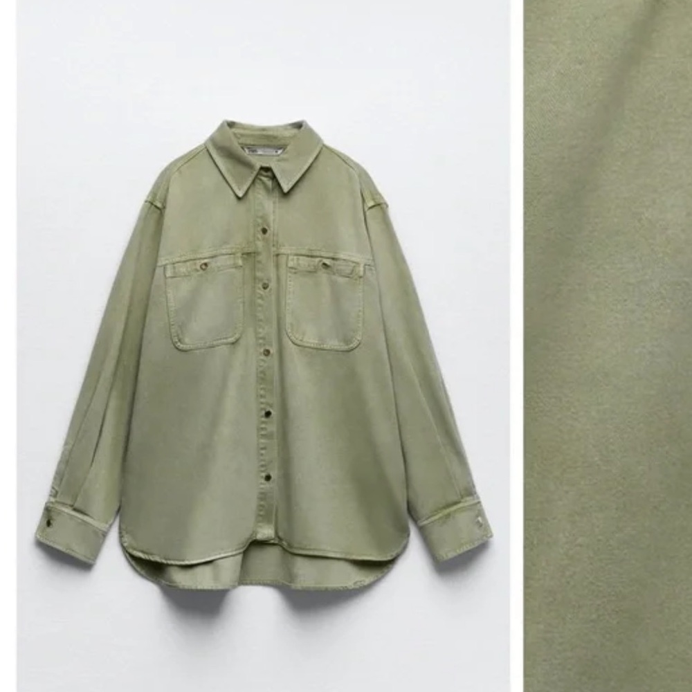 ZARA BUTTONED OVERSIZED SHIRT LIGHT KHAKI GREEN 2388/332 XS BUTTON DOWN GOLD